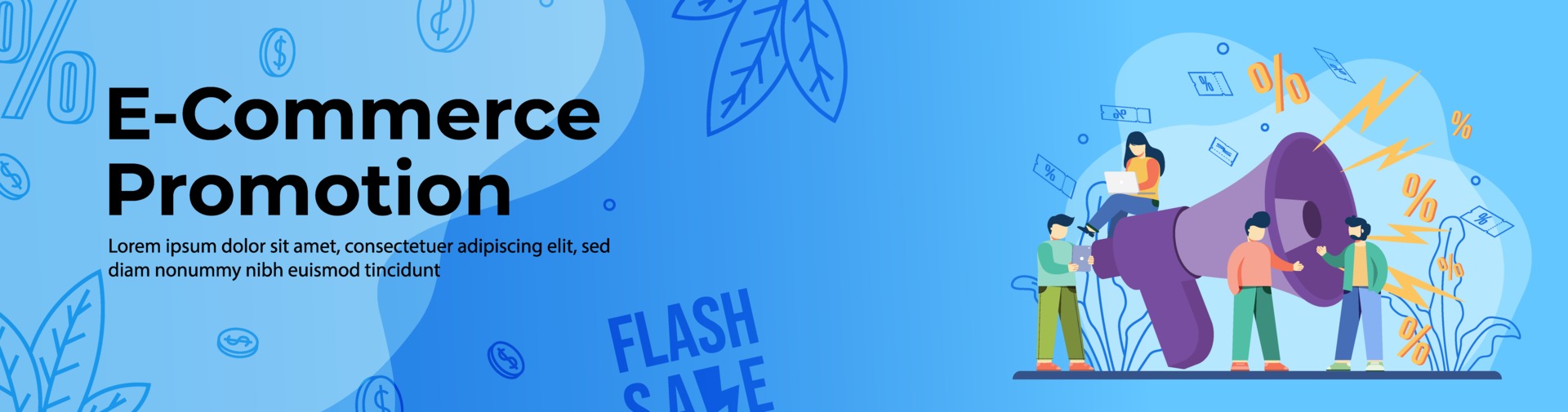 E-commerce Promotion Web Banner Design. People do negotiation and promotion with a big megaphone. E-Commerce, Online Shopping header or footer banner.