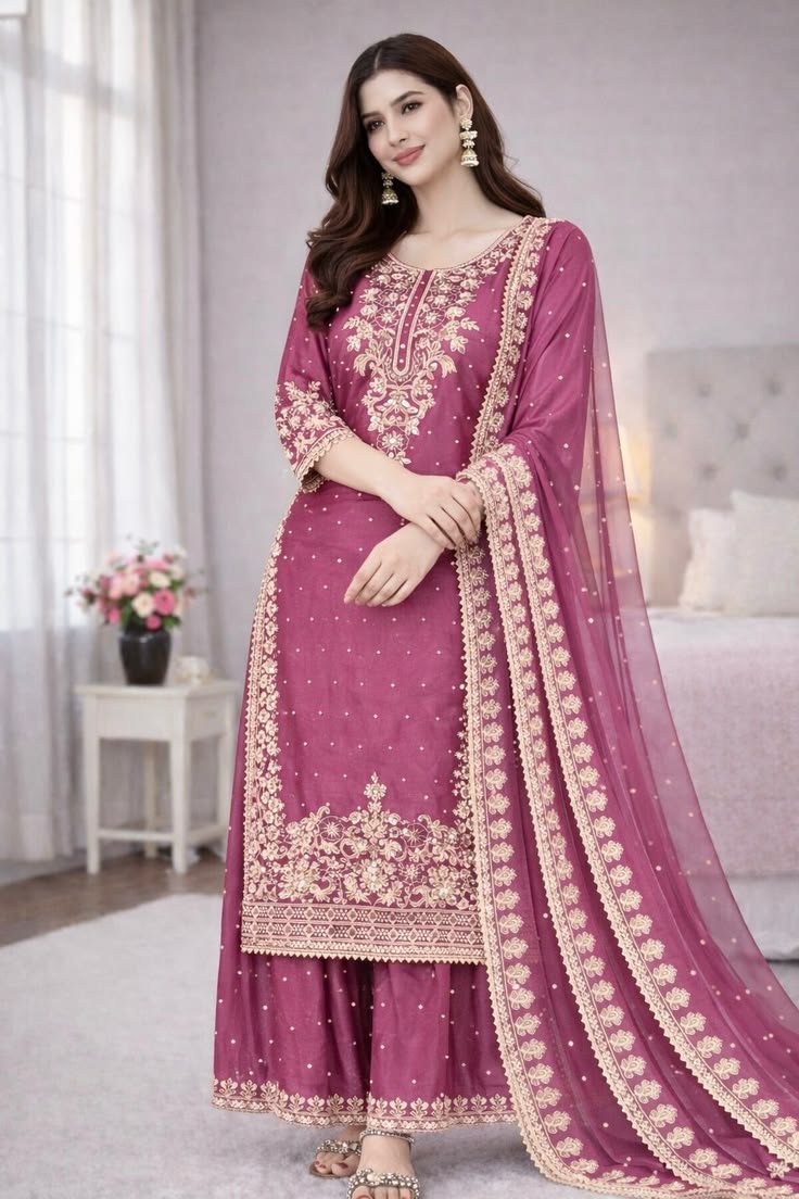 Product Code _- SSR 535 Rani Pink _₹2399_ Classic Rani Pink Organza Silk Embroidery Work Salwar Suit Suit - Image 1